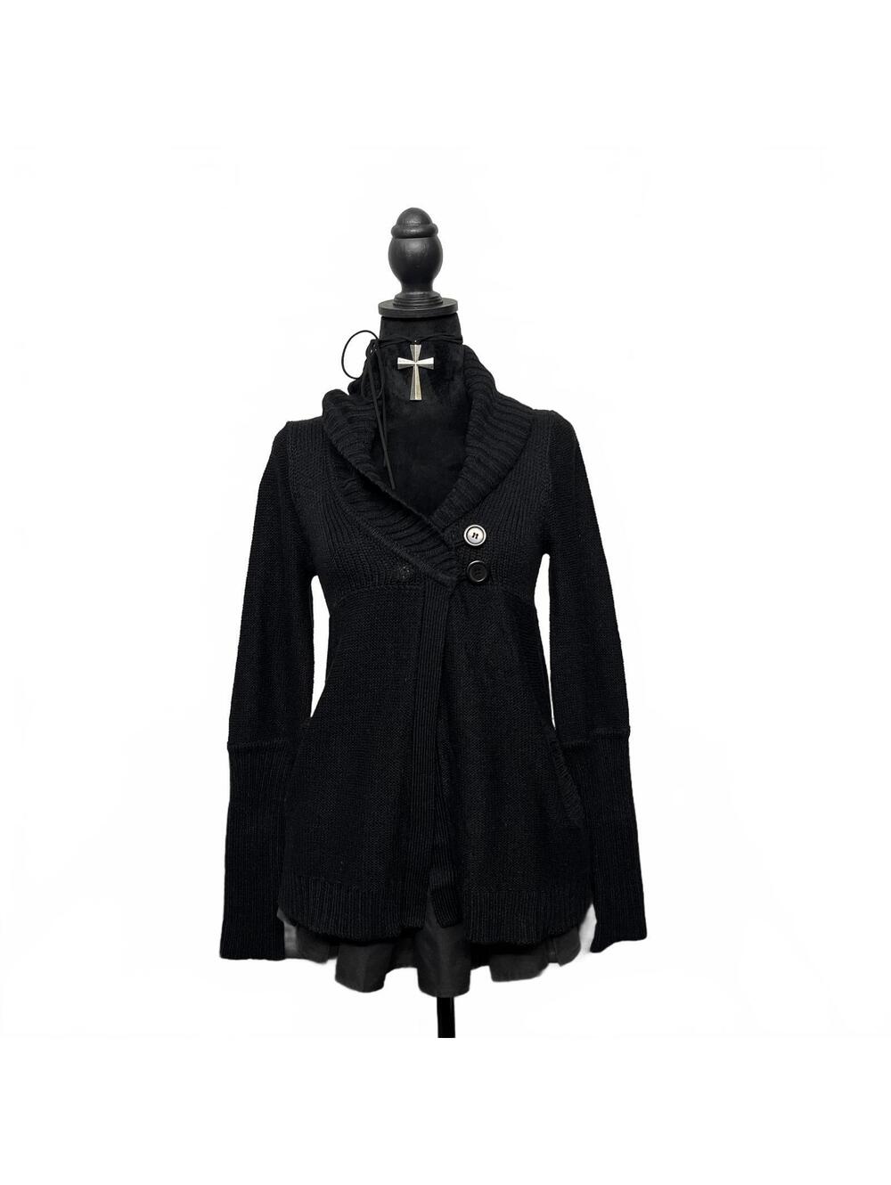 Vintage Capucina Sz XS Black Babydoll Cardigan Sweater Shawl Collar Ribbed Hems